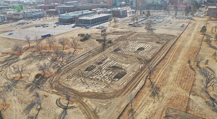 January 2022: With our Fitzsimons Innovation Community and CU Anschutz Medical Campus in the background, you can see the footprint of Bioscience 5 taking shape.