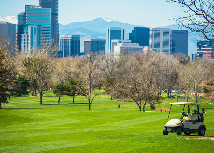 View of Downtown Denver from a golf course