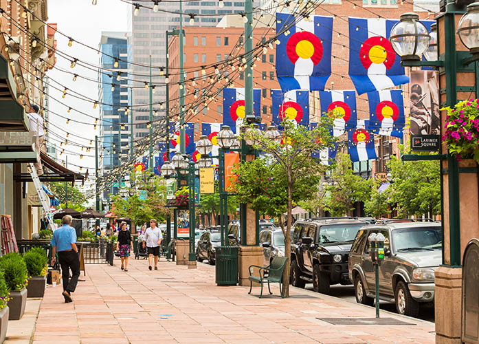 Larimer Square with hanging Colorado State flags