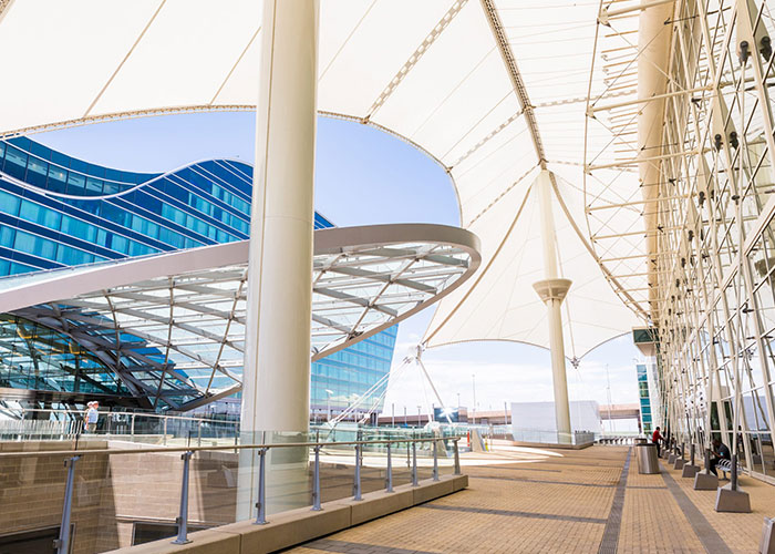 Closeup photo of the Denver International Airport