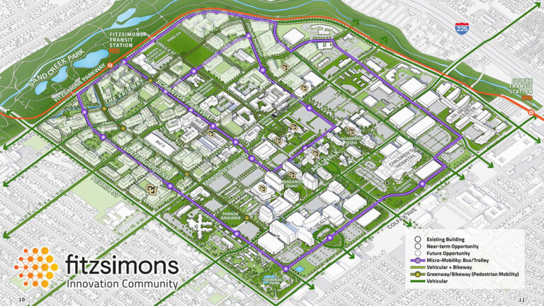 Master Plan transportation infrastructure map of the Fitzsimons Innovation Community campus