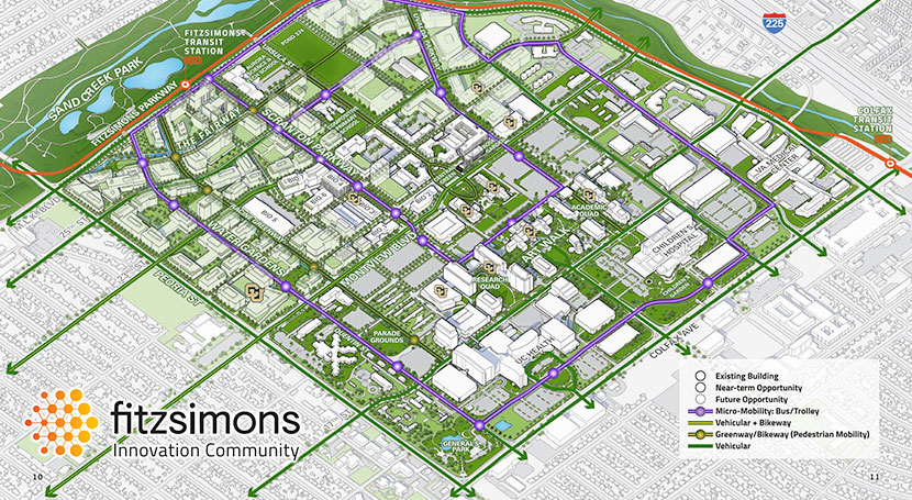 Master Plan transportation infrastructure map of the Fitzsimons Innovation Community campus